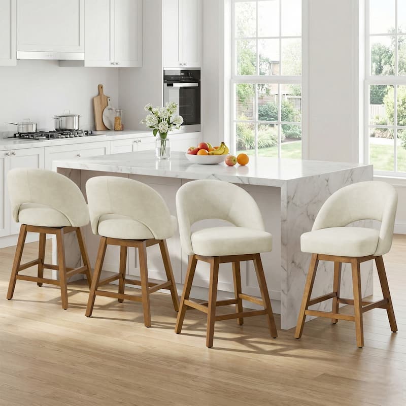 Upholstered Swivel Counter Height Bar Stools with Cutout Back and Solid Wood Frame - 38.2"H x 22.1"W x 23.6"D - Set of 4 - Off-White