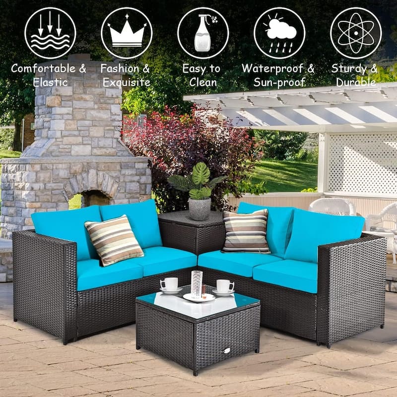 4 PCS Sectional Sofa Set Conversation Set w/ Coffee Table Storage Box