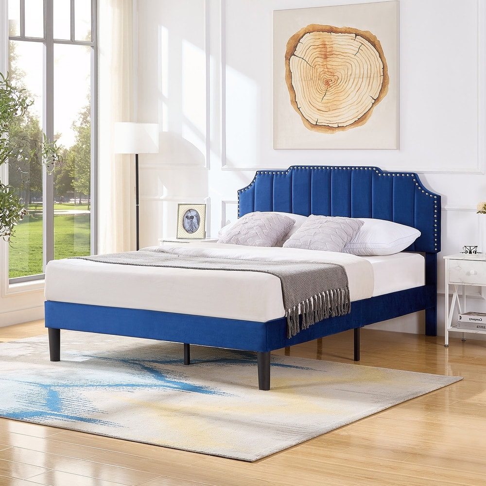 Javlergo Upholstered Platform Bed with Height Adjustable Nailhead Trimmed Curved Headboard Heavy Duty No Box Spring Needed Bed