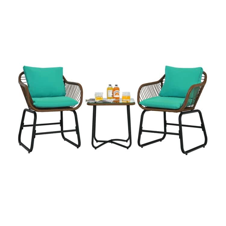 3 Pieces Patio Rattan Bistro Set Cushioned Chair Glass Table Deck - 22'' x 24.5'' x 31'' (L x W x H)