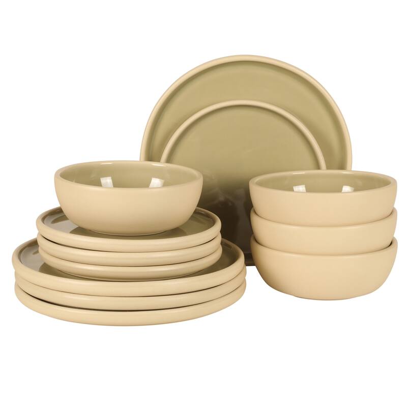 Gibson Elite - Made in Portugal - Port Gaia 12 Piece (Service for 4) Reactive Glaze Dishes Stoneware Ceramic Dinnerware Set - Olive