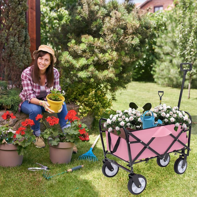 Collapsible Utility Wagon with Storage Straps - 225lb Capacity Foldable Cart, Pink