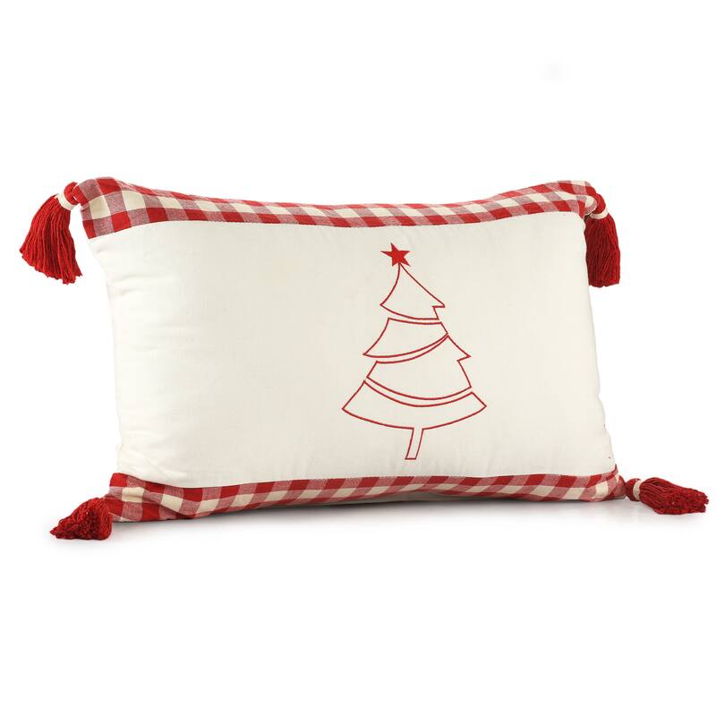 Sevita Buffalo Plaid Bordered Christmas Tree Cotton Throw Pillow