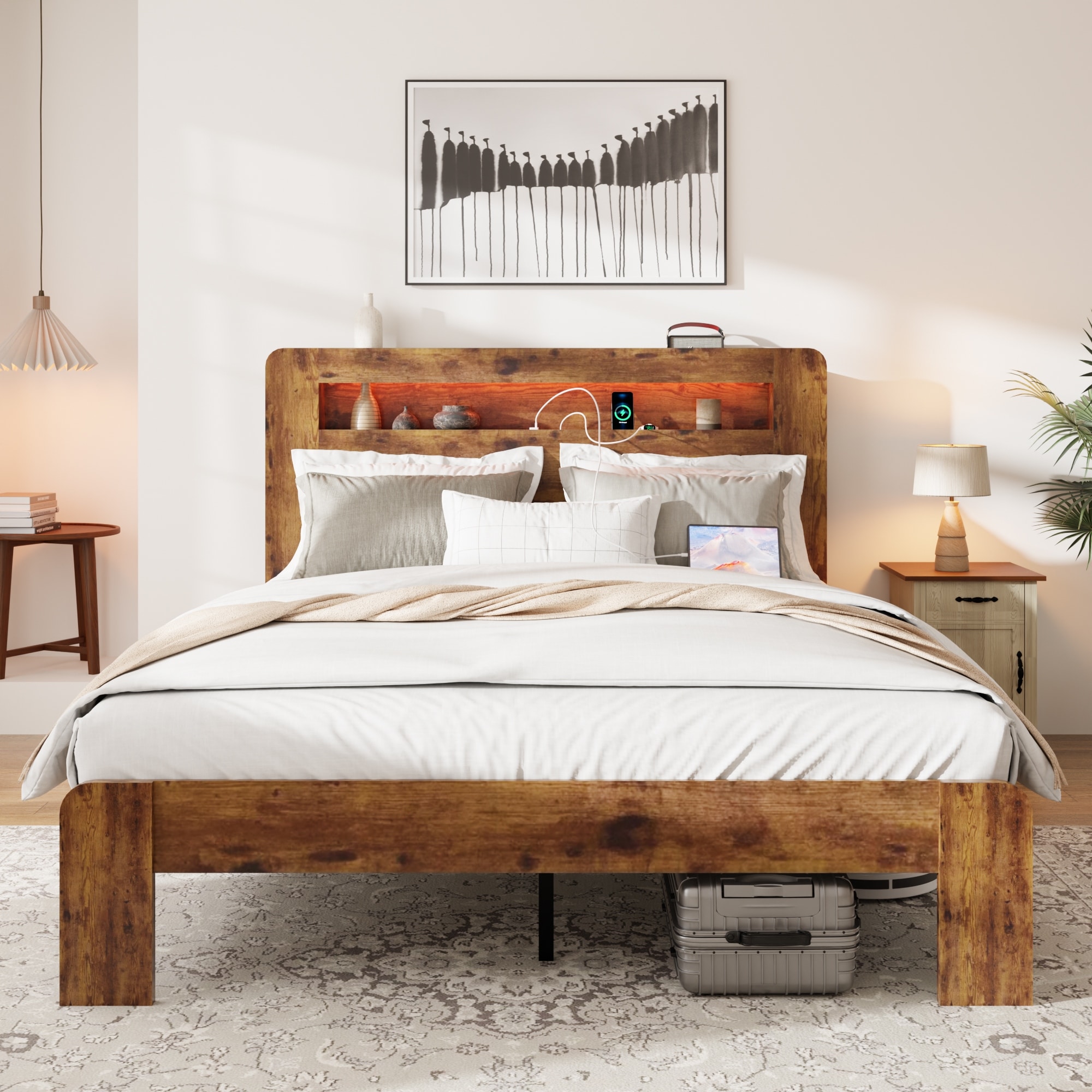Rustic Bed Frame Queen Size with Storage LED Light Headboard