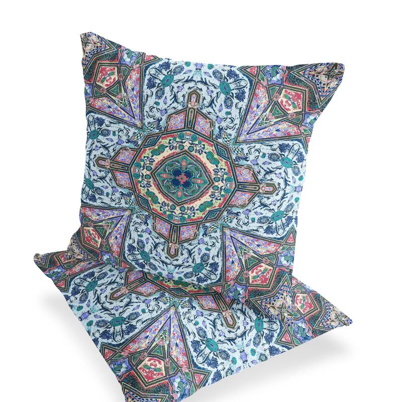 HomeRoots Set of Two 16" X 16" Blue and Pink Blown Seam Floral Indoor Outdoor Throw Pillow - 16.00' X '16.00' X '5.00 - Blue/Pink - 16.00' X '16.00' X '5.00