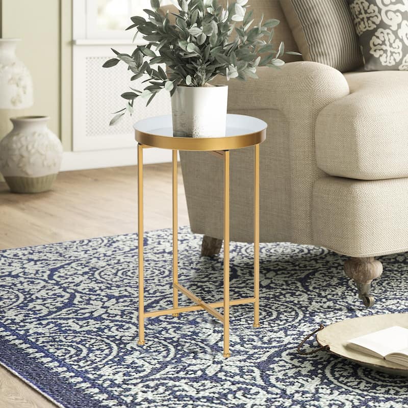 Adeco Round End Table Gold Metal Side Nightstand Accent Coffee Tables - 15""(D)x 15""(W)x 25.7""(H)
