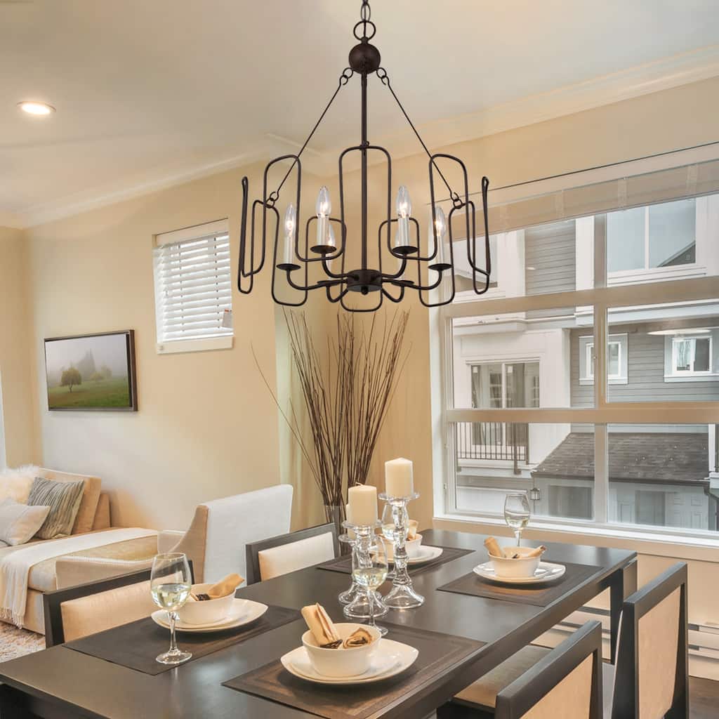 Farmhouse Rustic 6-light Drum Chandelier Aged-iron Wagon Wheel Dining Room Lighting