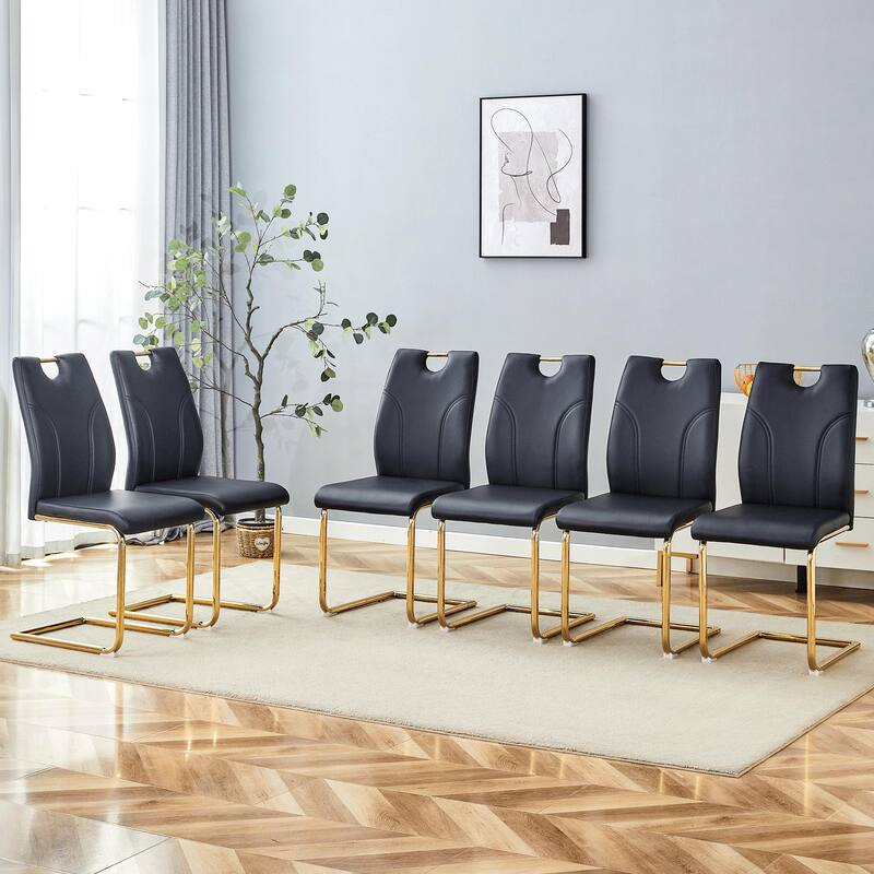 Set of 6 Dining Chairs, PU Material, Paired with Gold Metal Chair Legs. Suitable for Offices, Restaurants, Kitchens - Black+Gold