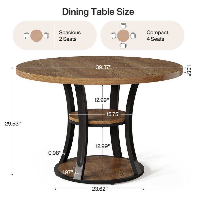 39 Inch Round Pedestal Dining Table with 2-Tier Storage Shelf - 39.37" D x 39.37" W x 29.53" H