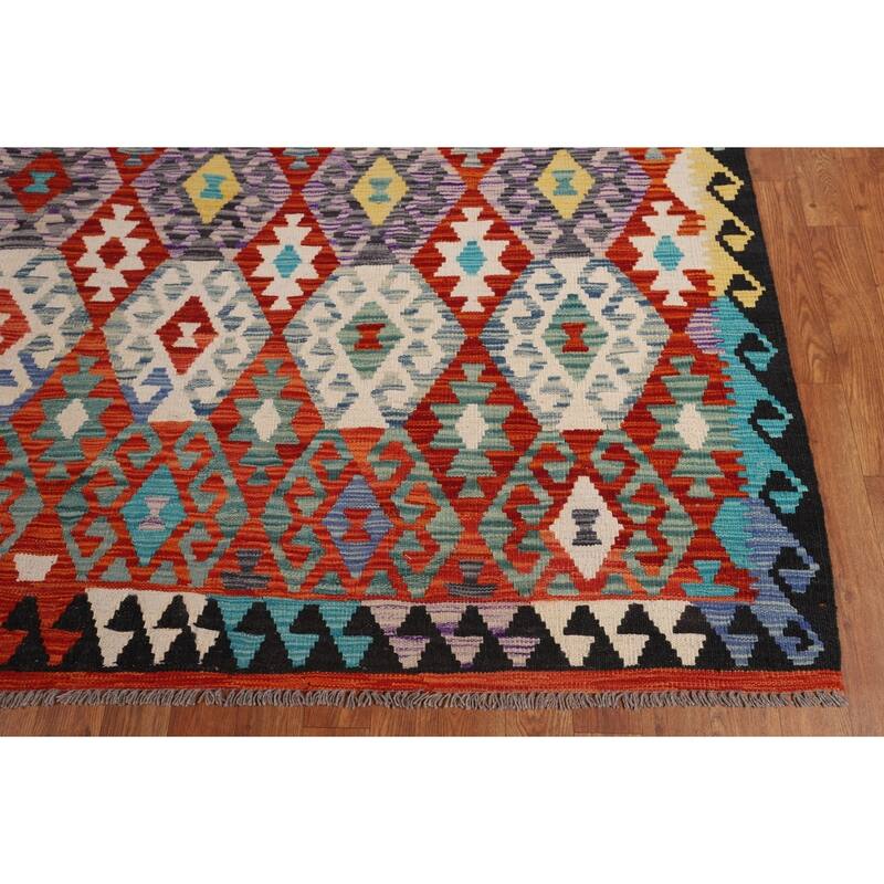 Reversible Kilim Area Rug Hand-Woven Geometric Oriental Wool Carpet - 8'1" x 9'9"