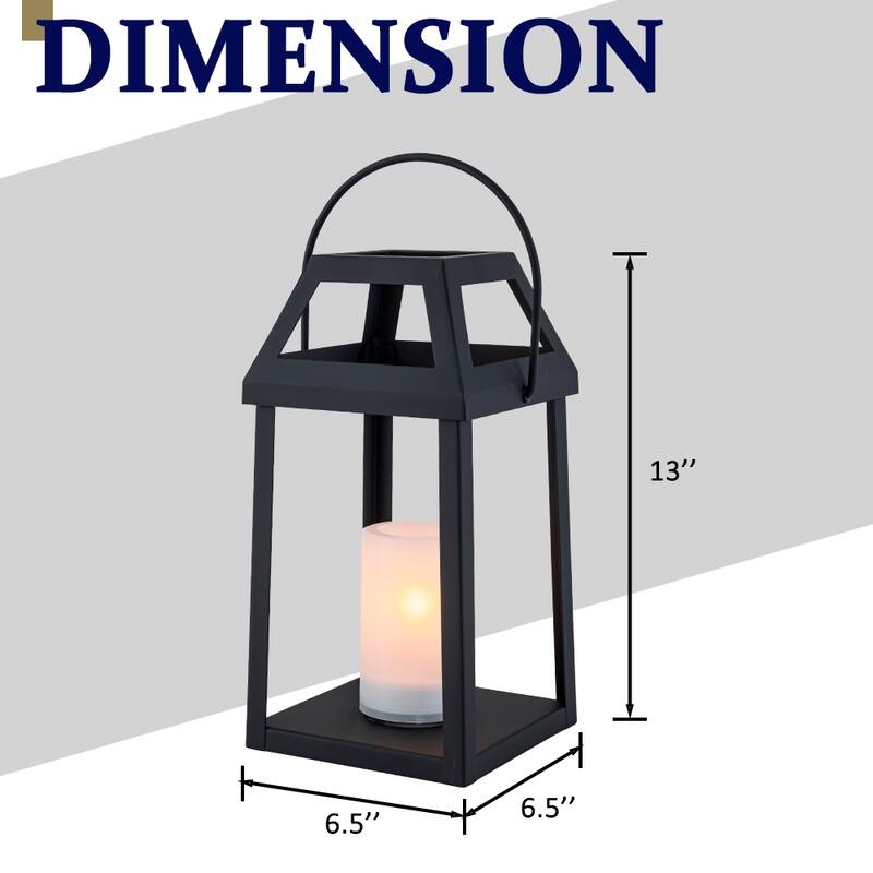 H13” Solar Outdoor Lantern with Flickering Candle Modern Metal Solar Lantern with Handle Hanging Light for Garden Deck - W7''