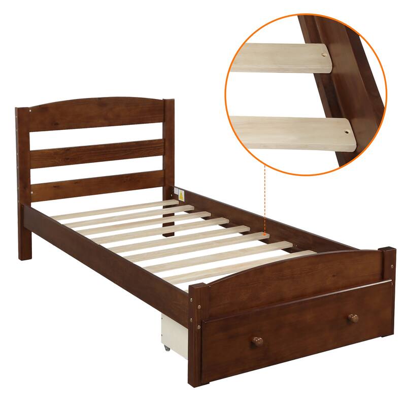 Twin Size Platform Bed with Storage Drawer and Slat Support - Classic Wood Frame