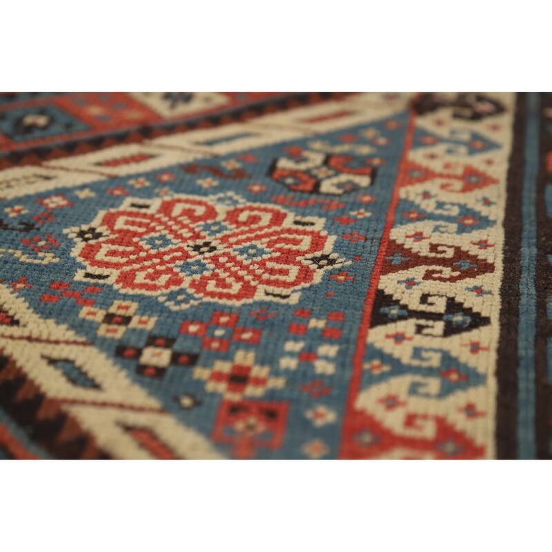 Hand Knotted Oriental 100% Wool Carpet Traditional Tribal Navy Blue & Blues Kazak Area Rug - 8' 6'' X 3' 8''