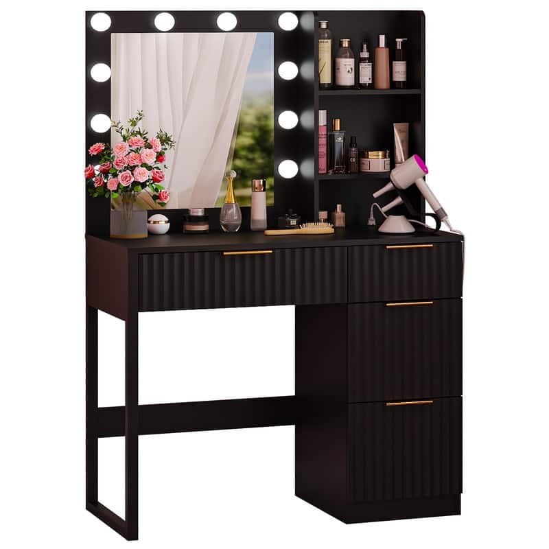 Particle Board Veneered with Textured Melamine 4-drawer 2-shelf with 10 Three-color Dimmable Bulbs Dressing Table - N/A - Black