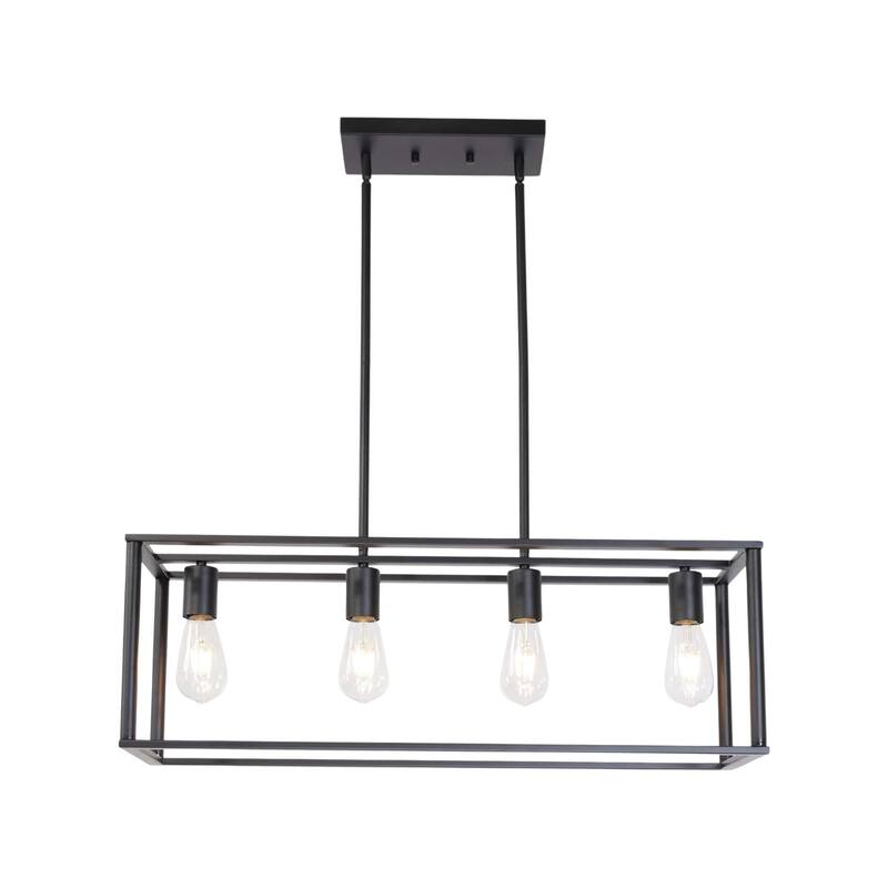 Modern Black 4-Light Linear Pendant Chandelier with Adjustable Stems, Rectangular Cage Ceiling Light for Islands or Farmhouses