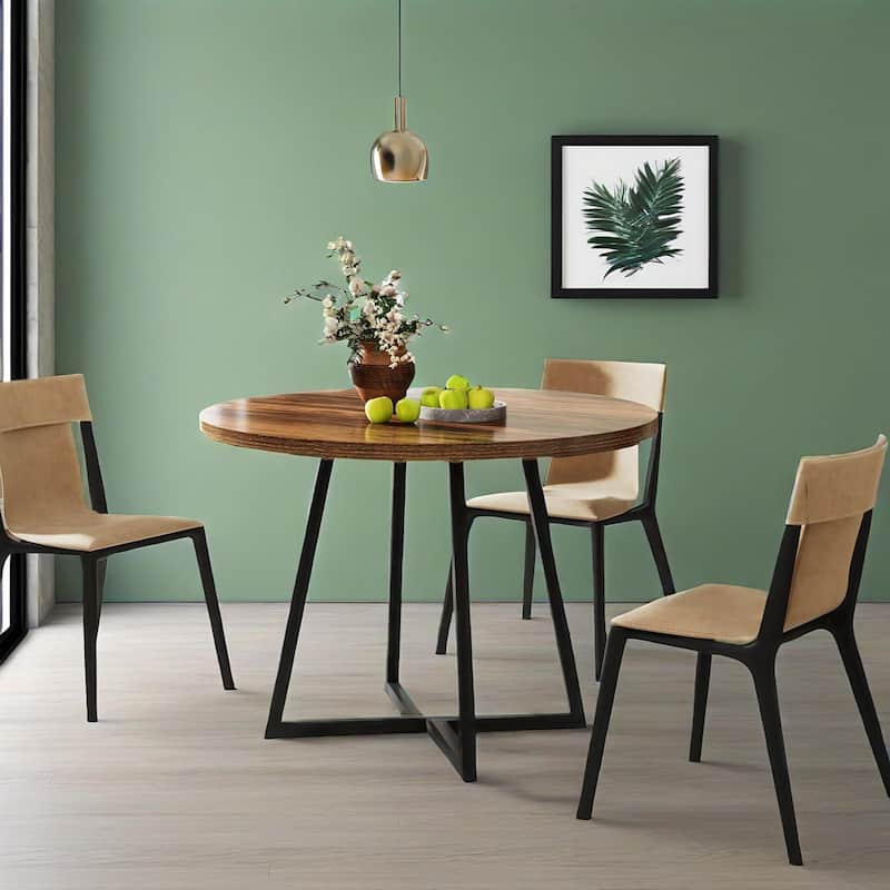 Vintage Brown Rustic Round Dining Table with MDF Top with Black Metal Frame Kitchen or Living Room - 31.49"L x 31.49"W x 29.52"H