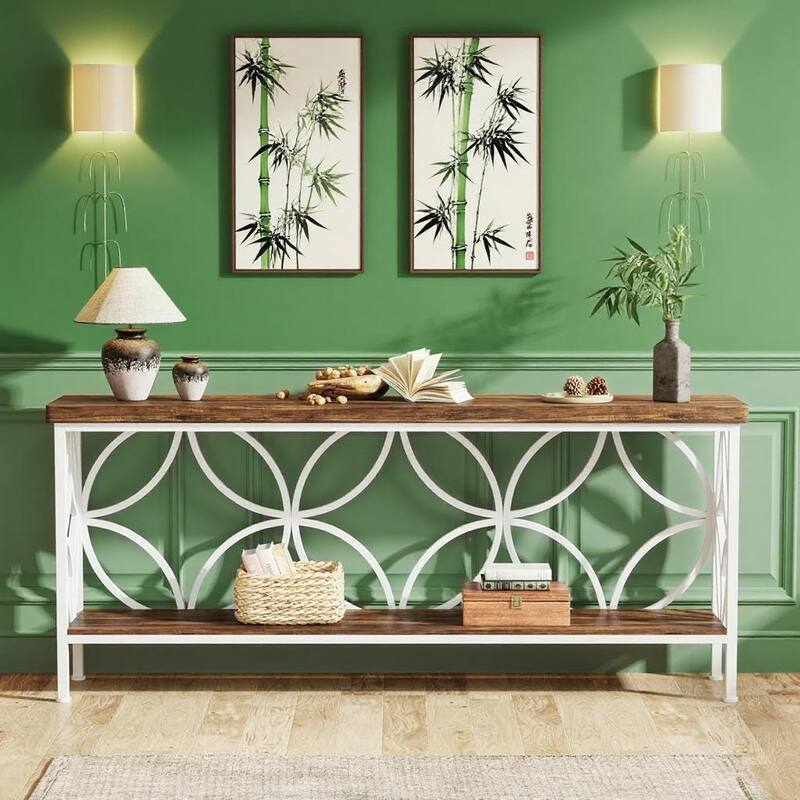 70.9” Industrial Console Table with 2-Tier Shelves Behind Sofa or Entryway Table with Metal Frame & Adjustable Feet - White
