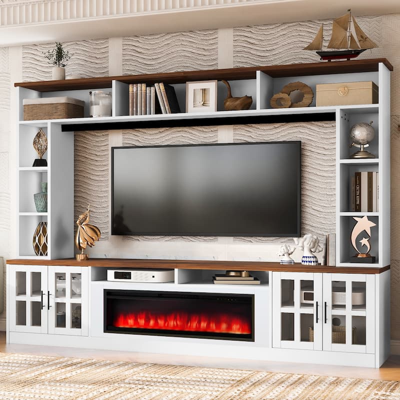 95" Entertainment Center with Electric Fireplace, TV Stand for TVs up to 80" Wall Unit Media Console with Bookshelves & Cabinets