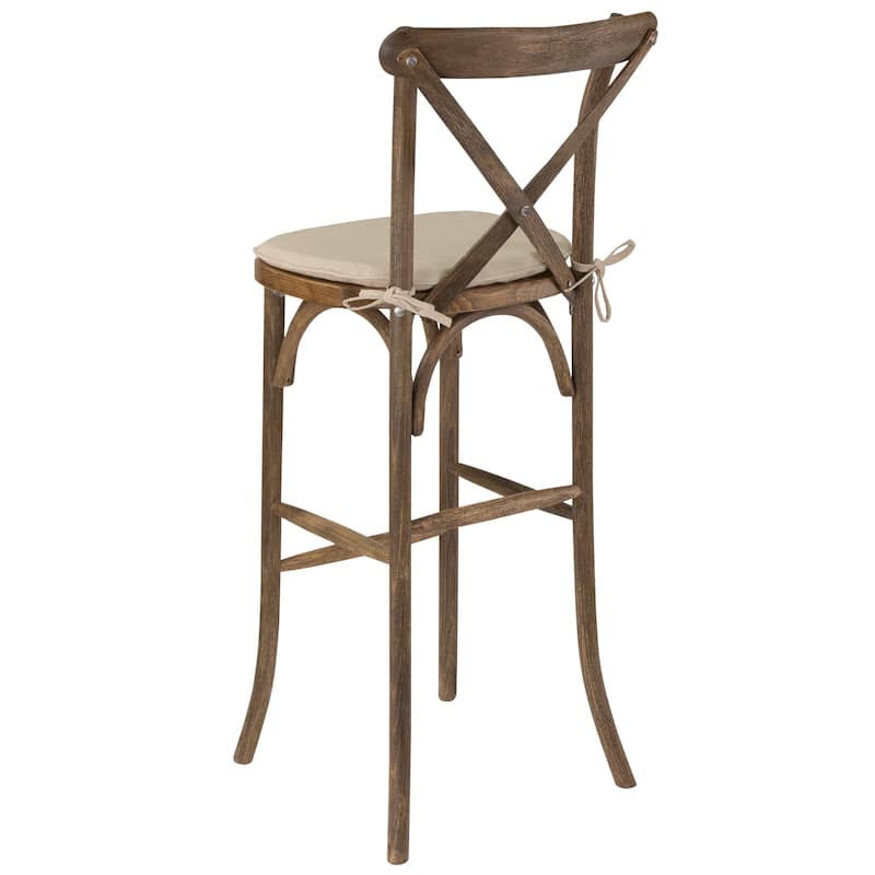 350lb. Rated Dark Antique Wood Cross Back Stackable Barstool with Cushion - 13.75"D x 13" - 17.5"W x 43"H