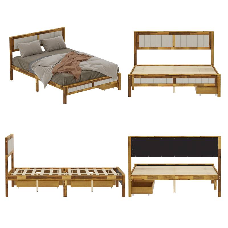 Queen Size Acacia Solid Wood Bed Fram Headboard/Drawer Platform Bed