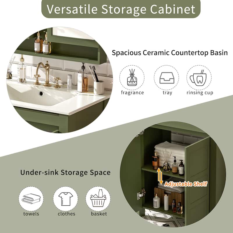 Center Rectangular Ceramic Sink Bathroom Vanity Cabinet with Adjustable Shelf, 30 Inch
