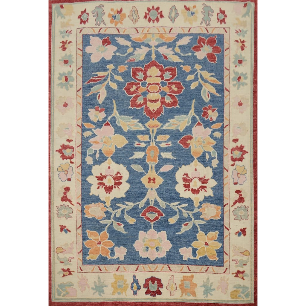Hand Knotted Oriental 100% Wool Carpet Transitional Floral Navy Blue & Blues Oushak Area Rug - 9' 10'' X 8' 4''