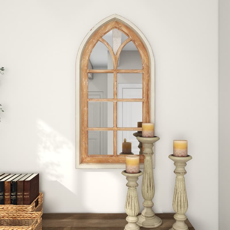 Wood Window Pane Inspired Room Wall Mirror with Arched Top and Distressing - Brown - Roche River Decor