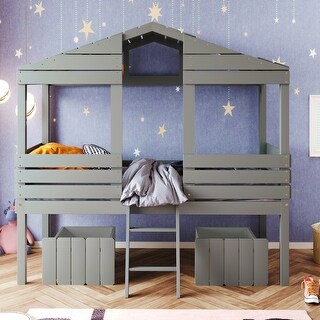 Playhouse Inspired Twin Size Low Loft Wood House Bed with Two Drawers