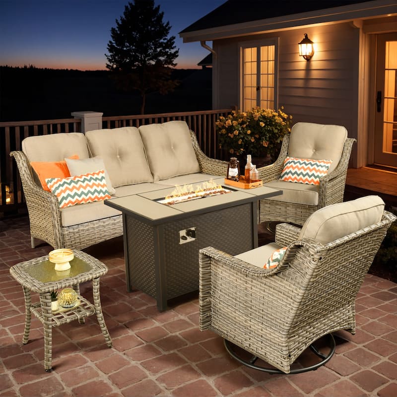 XIZZI Outdoor Wicker Patio Furniture Conversation Set with Fire Table - 5-piece - Beige