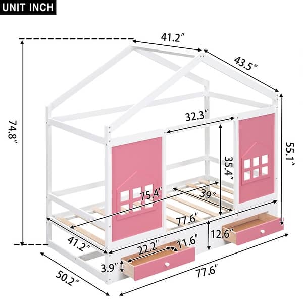 White+Pink Twin Wood House Bed with Drawers, Window Decoration