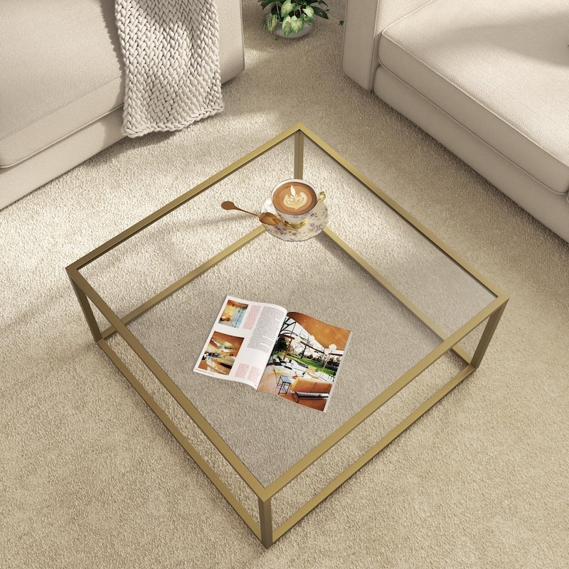 Coffee Table Glass Modern Coffee Tables for Small Space Simple Square Center Table, 26.7 x 26.7 x 15.7 - Gold
