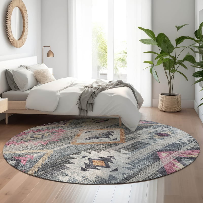 Premium Washable Super Soft Tribal Boho Mayfield Rug - Gray - 8' x 8' - Round