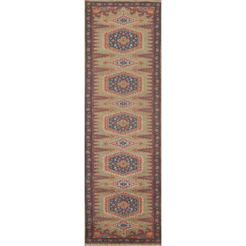 Green Geometric Kazak Oriental Runner Rug Wool Carpet - 2'6"x 9'9"