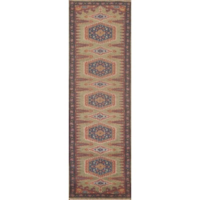 Green Geometric Kazak Oriental Runner Rug Wool Carpet - 2'6"x 9'9"