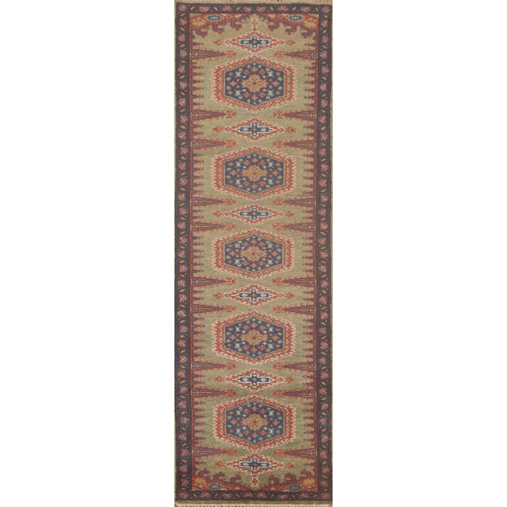 Green Geometric Kazak Oriental Runner Rug Wool Carpet - 2'6"x 9'9"