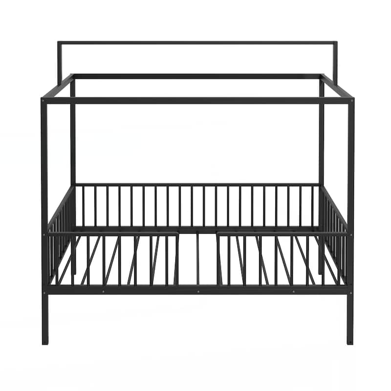 3-in-1 Convertible Montessori Metal floor bed,Fenced toddler bed with Sturdy Metal Slats Support