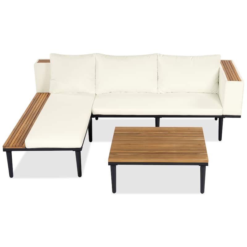 Roomfitters L-Shaped Outdoor Sectional Sofa Set with Built-in Wood Side Tables and Coffee Table, Patio Conversation Set