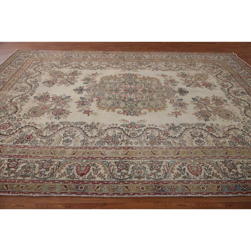 Hand Knotted Oriental 100% Wool Carpet Traditional Medallion Beige & Ivories Tabriz Area Rug - 11' 7'' X 8' 3''