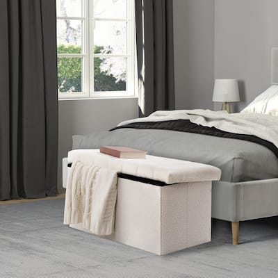 Seville Classics Storage Bench Ottoman, White Boucle
