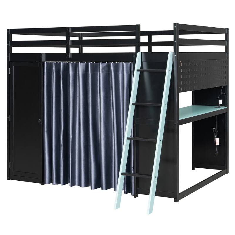 Full Size Wood Loft Bed with, Wardrobe, Shelves, Blackout Curtains, and RGB Lights