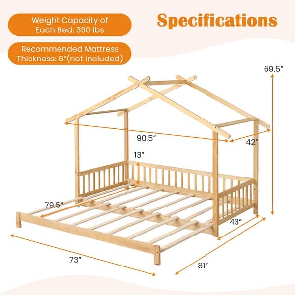 dimension image slide 0 of 4, Extendable House Bed Twin to King Daybed with Roof and Fence Rails