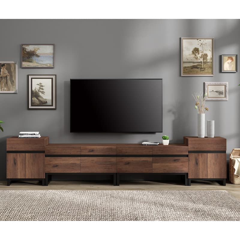 Modern TV Stand for TVs up to 70 Inches, 4-in-1 Entertainment Console with Storage Cabinets and 2 End Table, Media Cabinet - 4 piece - Brown