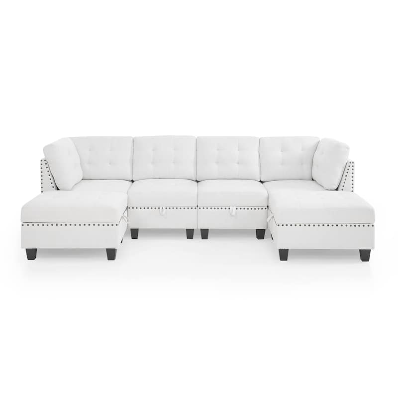 Ivory Chenille Sectional Sofa Set with Hidden Storage Living Room