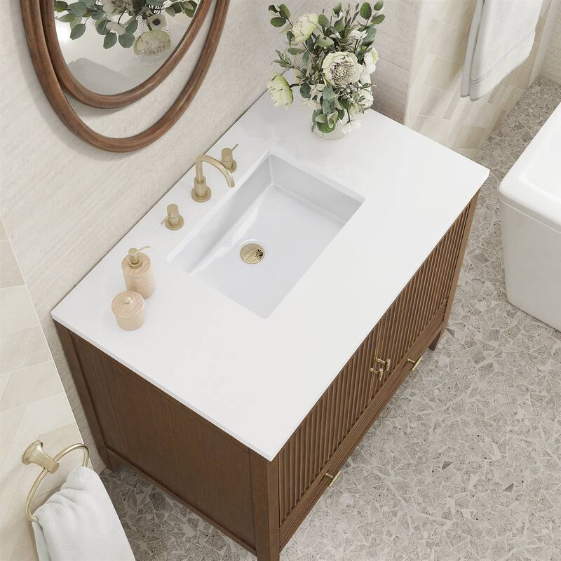 James Martin Vanities Myrrin 36" Vanity, Mid Century Walnut - White Zeus.