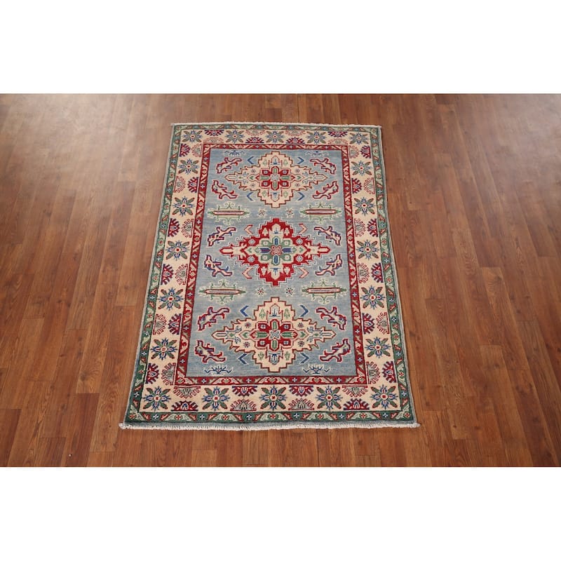Light Blue Traditional Kazak Foyer Rug Hand-Knotted Wool Carpet - 3'3" x 4'11"
