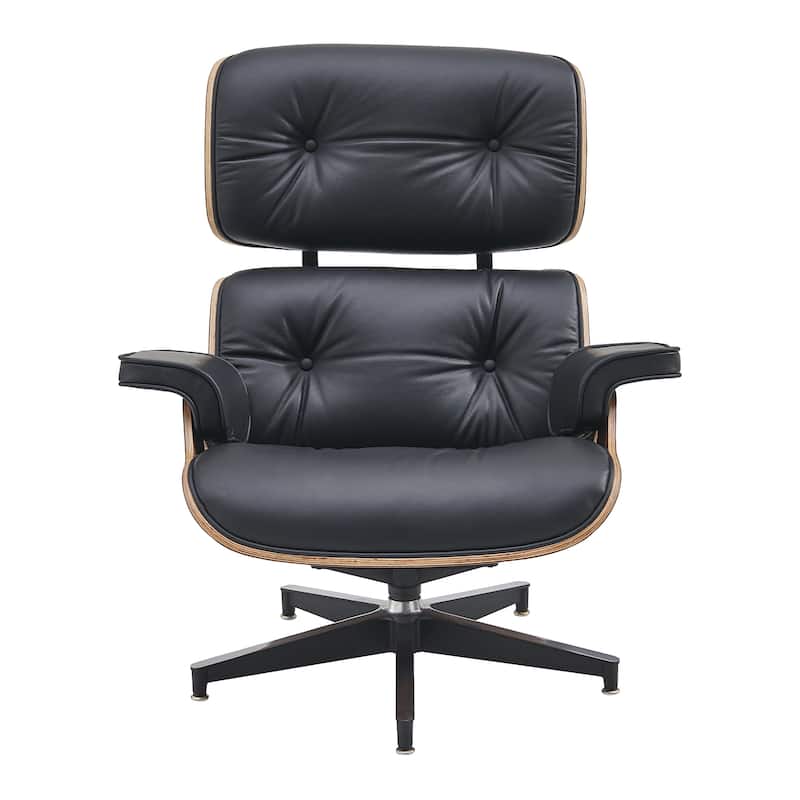 Mid-century Modern PU High-back Swivel Lounge Chair with Ottoman for Living Room and Bedroom - Standard - Walnut/Black