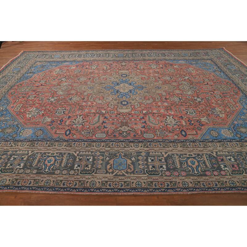 Pink Geometric Tabriz Persian Vintage Rug Hand-Knotted Wool Carpet - 9'8" x 12'11"