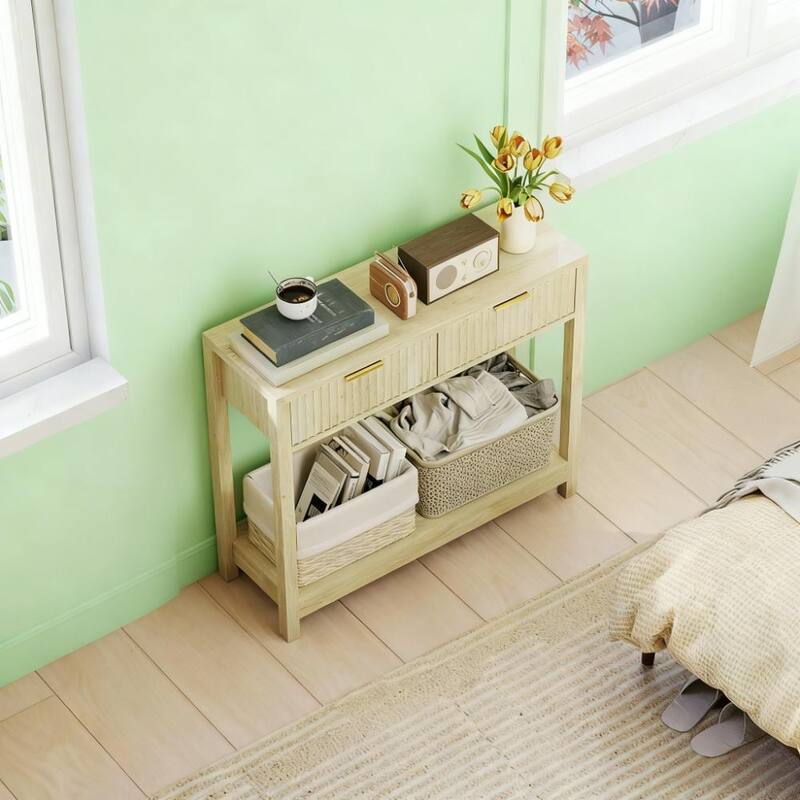 Narrow Console Table with 2 Drawers and Open Shelf Entryway Hallway Design
