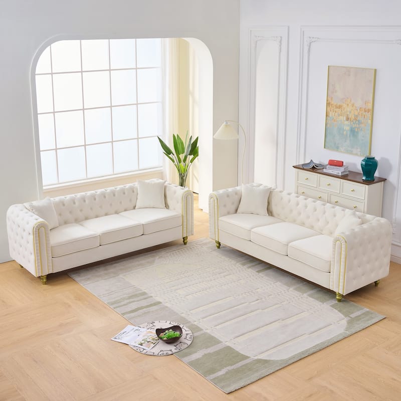 Roomfitters Two 86" Modern Upholstered Tuxedo Chesterfield Sofa Set with Gold Trim, Button Back 2-Piece Couch Set