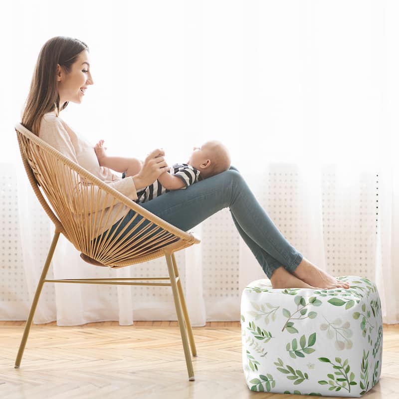 Sweet Jojo Designs Boho Floral Leaf Boy Girl Unstuffed Ottoman Pouf Cover Sage White Bohemian Gender Neutral Watercolor Woodland